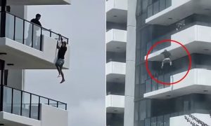 لحظه‌ای که مردی از بالکن طبقه پنجم داخل استخر می‌پرد تا از دست پلیس فرار کند + ویدیو