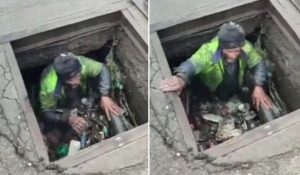 تصاویری تلخ از یک کارگر شهرداری درحال تمیز کردن کانال آب
